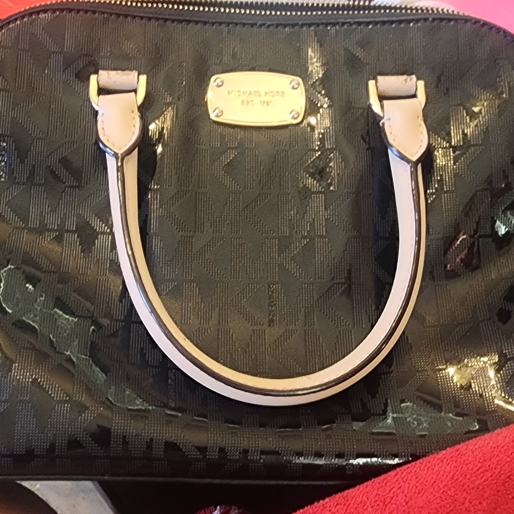 Michael Kors Black Patent Satchel with Cream Trim and Gold Plate